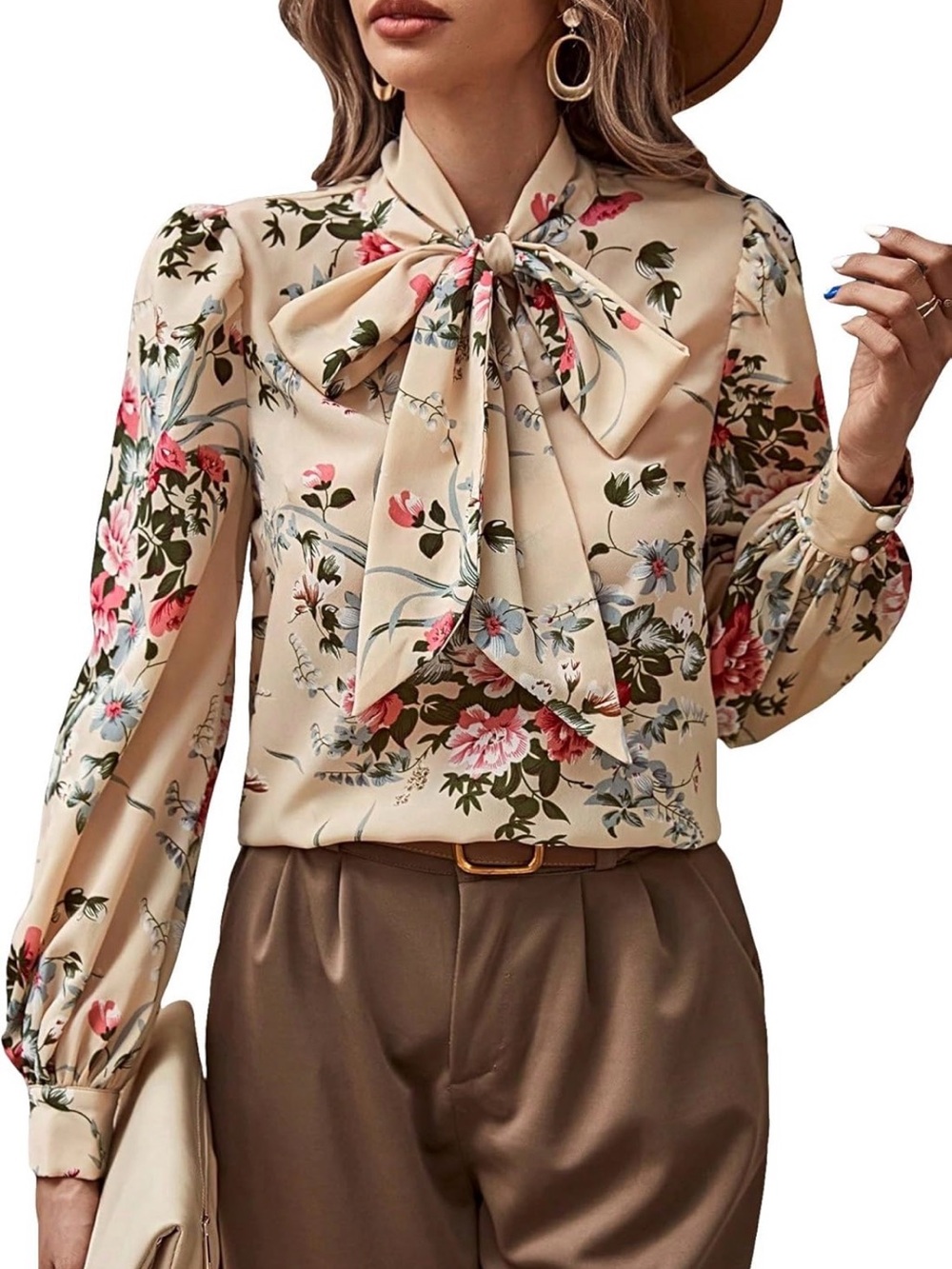 Floral Tie-Neck Blouse Bohemian Work Casual